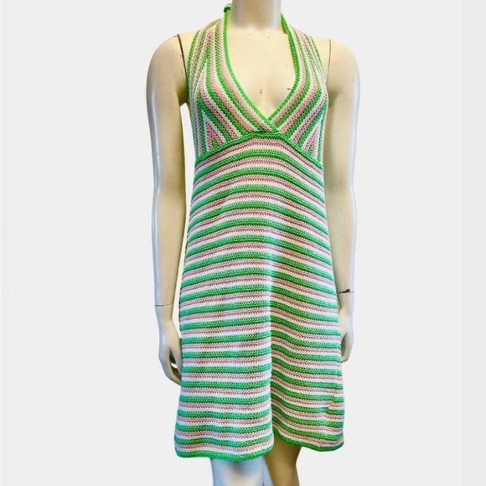Primark Vibrant Green, Pink & White Boho Knit Halter Sundress